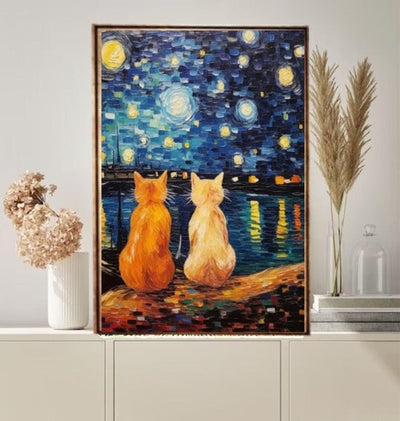 Van Gogh starry night with cats   print,van goth starry Poster | cafe terrace  Canvas |  ,  van goth  Wall Art