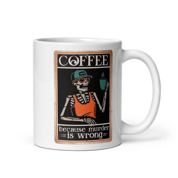 coffee drinking skelelton ,coffee because murder is wrong   ,retro  coffee drinking skeleton mug ,ceramic coffee mug ,90s horror mug gift