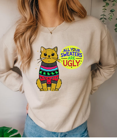 Christmas cat sweater,BLACK CAT  Christmas  Jumper, all your sweaters are ugly cat sweater , Family Holiday,, Cat Lovers Xmas Sweatshirts
