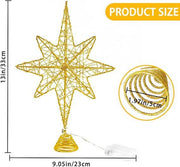 Christmas  20 LED Stars Curtain Lights,Christmas Tree Topper Lighted, 13.5'' Gold Glittered Xmas Hollow Star Tree Toppers Ornaments