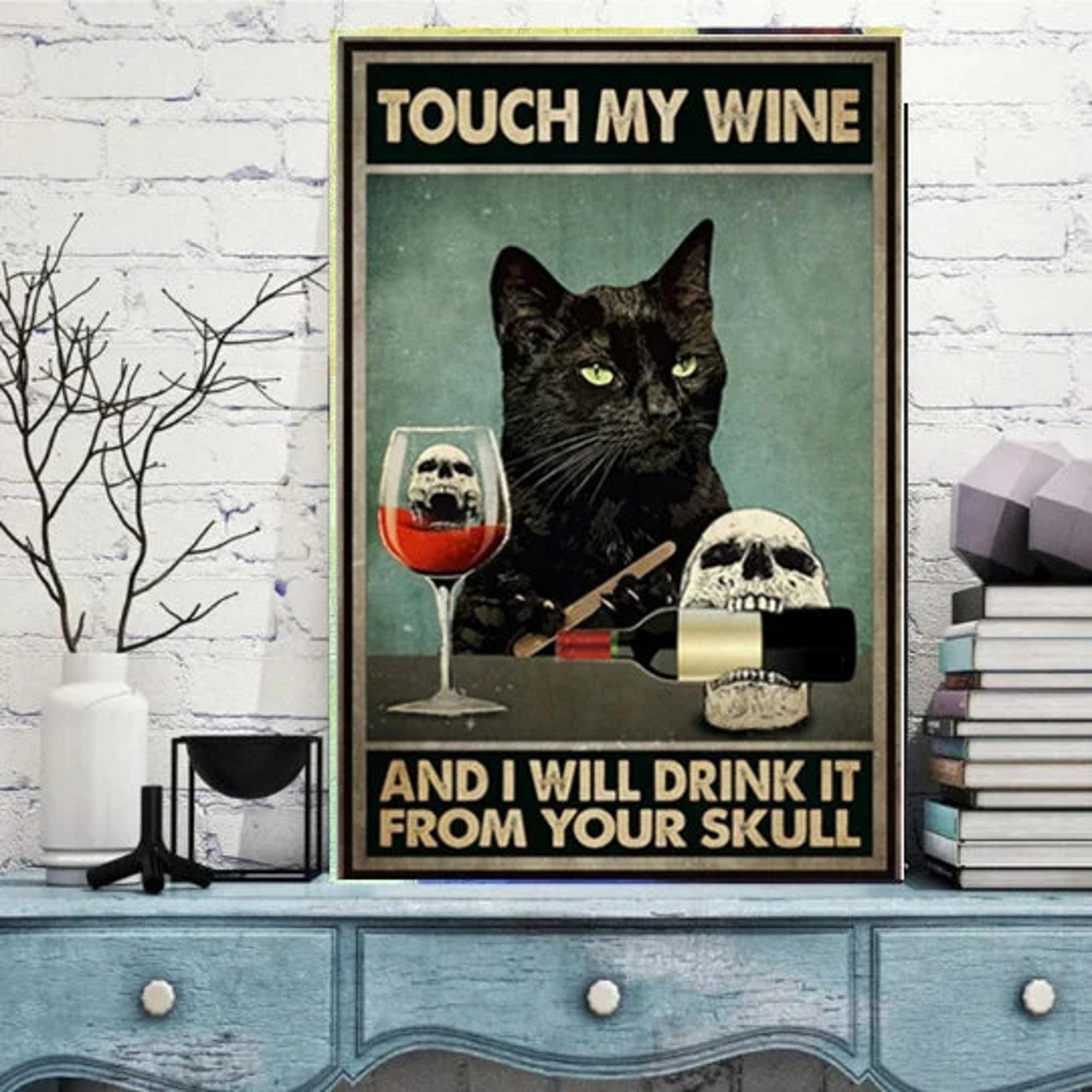 cat and  wine poster , Black Cat Wall Art - Black Cat Print -Black Cat Artwork - Home Decor