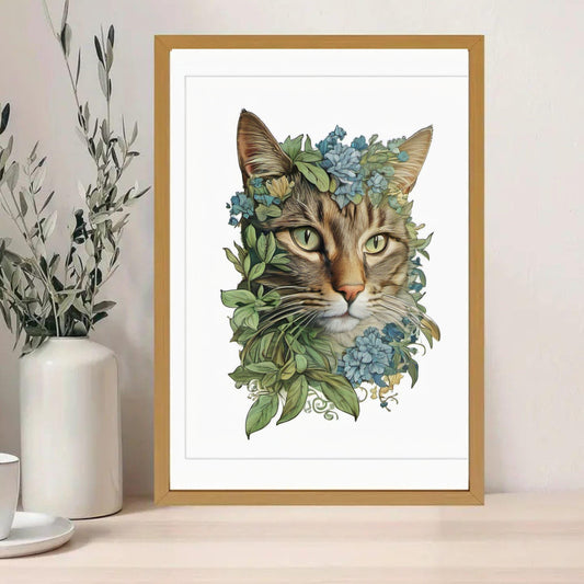 Floral Cat Portrait Wall Art - Botanical Cat Print - Tabby Cat Illustration in Nature - Pet Lovers Gift - Framed Cat Art Decor"