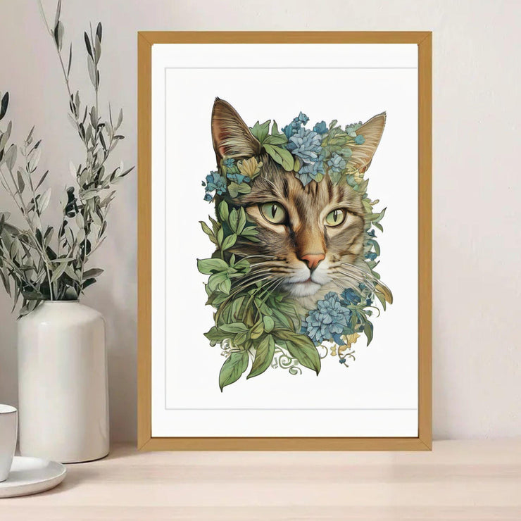 Floral Cat Portrait Wall Art - Botanical Cat Print - Tabby Cat Illustration in Nature - Pet Lovers Gift - Framed Cat Art Decor"