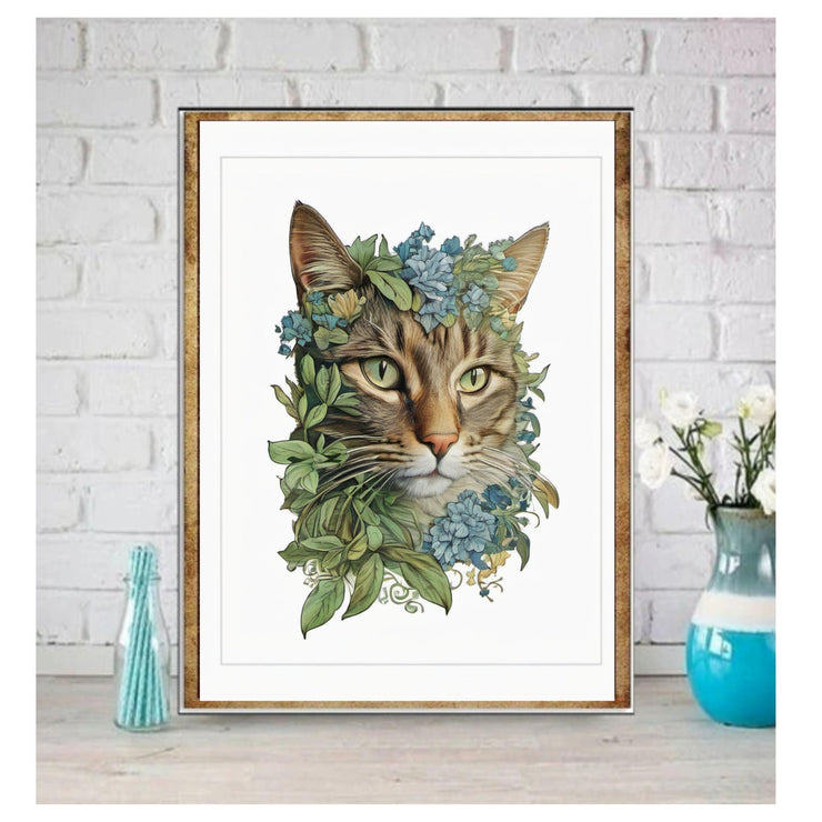 Floral Cat Portrait Wall Art - Botanical Cat Print - Tabby Cat Illustration in Nature - Pet Lovers Gift - Framed Cat Art Decor"