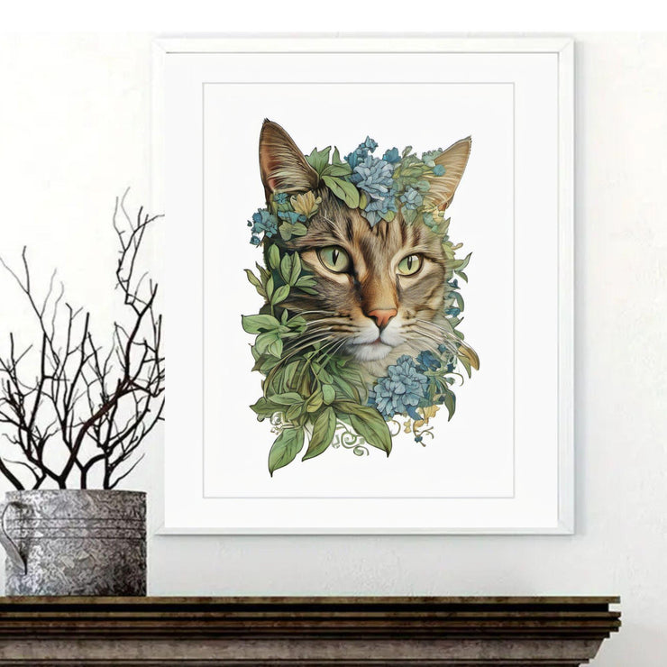 Floral Cat Portrait Wall Art - Botanical Cat Print - Tabby Cat Illustration in Nature - Pet Lovers Gift - Framed Cat Art Decor"