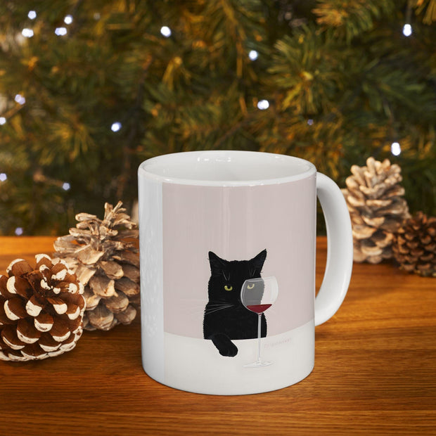 Cat with Wine Ceramic Mug, Funny Cat Lover Gift, Cat Lady Coffee Cup, Cat Mom Tea Mug, Cat Dad Gift, Cat Owner Present, Cat Birthday Mug