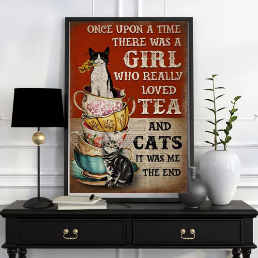 once upon a time there was a girl who loved tea and  cats. cat-poster , Black Cat Wall Art - Black Cat Print -Black Cat Artwork - Home Decor
