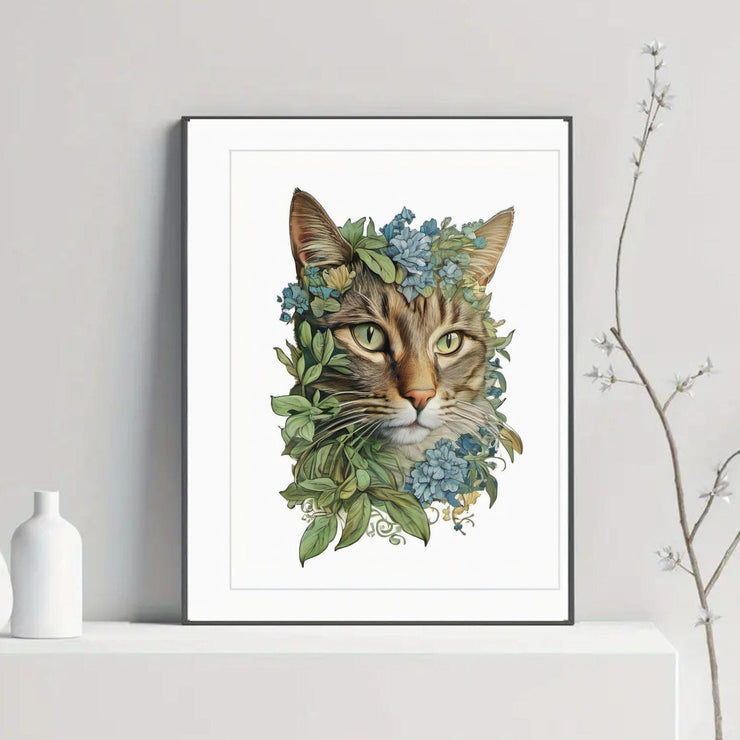 Floral Cat Portrait Wall Art - Botanical Cat Print - Tabby Cat Illustration in Nature - Pet Lovers Gift - Framed Cat Art Decor"