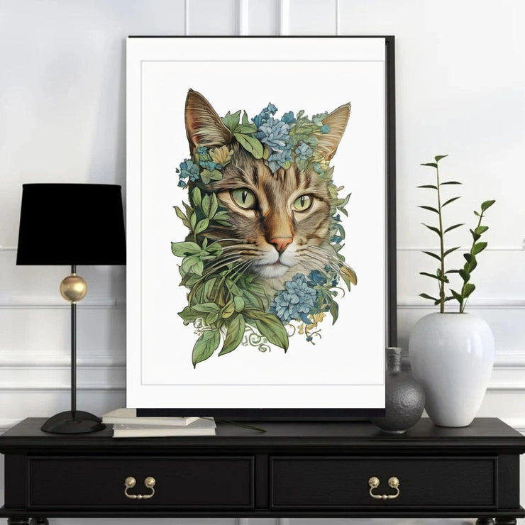 Floral Cat Portrait Wall Art - Botanical Cat Print - Tabby Cat Illustration in Nature - Pet Lovers Gift - Framed Cat Art Decor"
