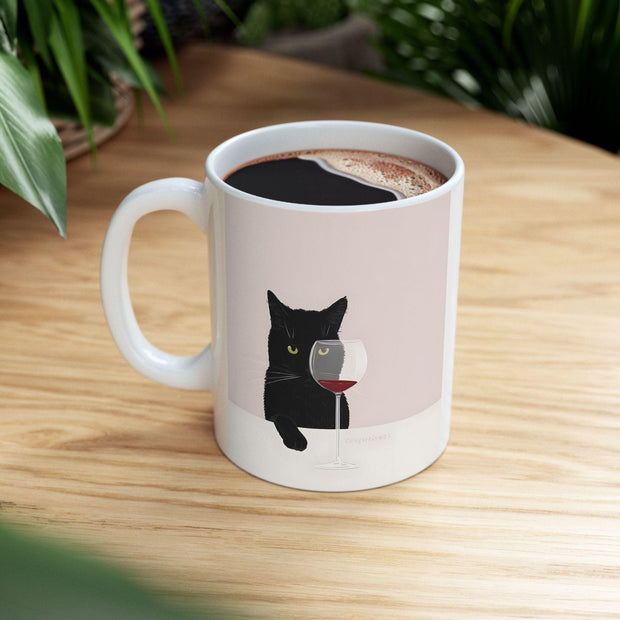 Cat with Wine Ceramic Mug, Funny Cat Lover Gift, Cat Lady Coffee Cup, Cat Mom Tea Mug, Cat Dad Gift, Cat Owner Present, Cat Birthday Mug