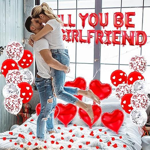 Will You Be My Girlfriend Balloons and Petals Valentine&#39;S Day Balloon Decorations Red Lovetals for Confession Proposal Supplies