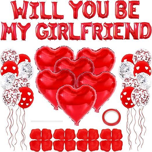 Will You Be My Girlfriend Balloons and Petals Valentine&#39;S Day Balloon Decorations Red Lovetals for Confession Proposal Supplies
