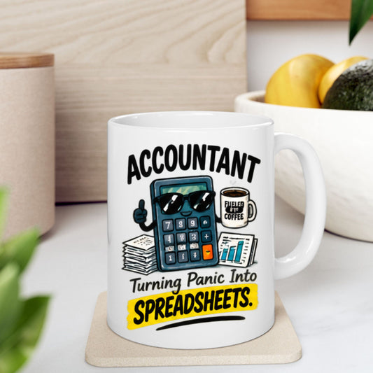 Printify Mug 11oz Accountant Mug - "Turning Panic Into Spreadsheets" Funny Office Coffee Cup for CPAs & Bookkeepers