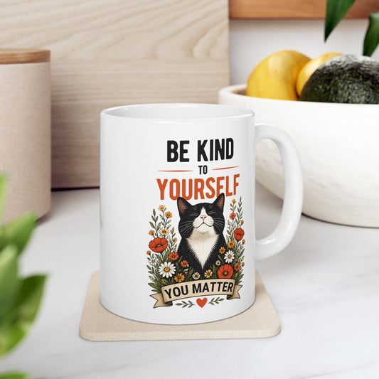 Printify Mug 11oz 'Be Kind To Yourself' Floral Motivational Coffee Cup (11oz)