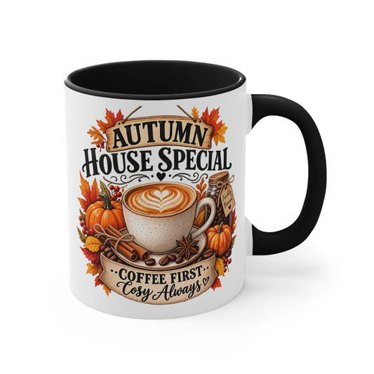 Printify Mug 11oz / Black Autumn House Special Coffee Mug — 'Coffee First, Cozy Always' Fall Accent Mug