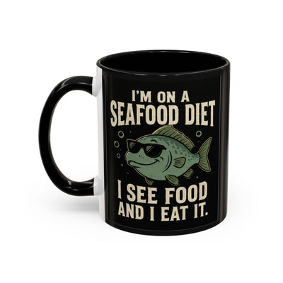 Funny Seafood Diet Coffee Mug — "I’m On a Seafood Diet: I See Food and I Eat It"