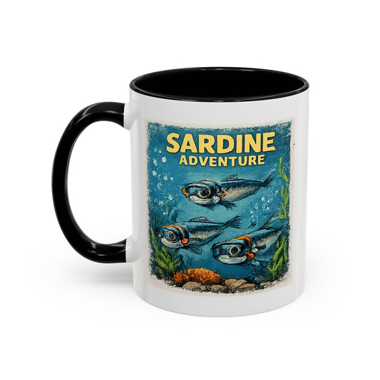 Printify Mug 11oz / Black Sardine Adventure Accent Coffee Mug — Vintage Ocean Fish Design (11/15oz)