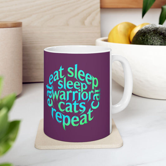 Printify Mug 11oz Cat Lover Ceramic Mug — "Eat, Sleep, warrior cats, Repeat" Purple & Aqua 11oz