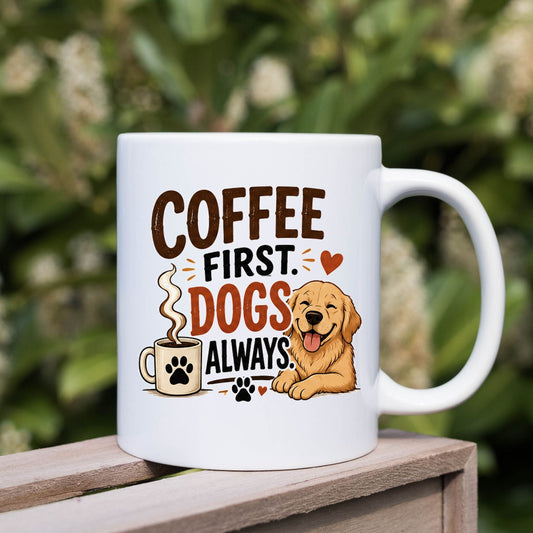 Printify Mug 11oz Coffee First, Dogs Always Ceramic Mug — Cute Dog Lover Coffee Mug (11oz)