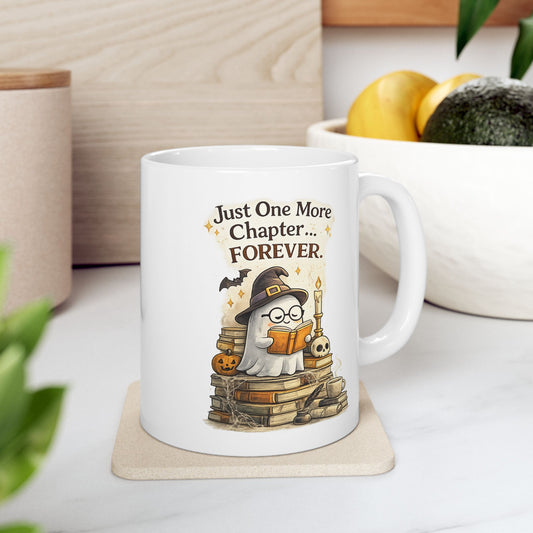 Printify Mug 11oz Coffee Mug — Vintage Stacked Books & Cat Illustration, 'Just One More Chapter' Reading Gift