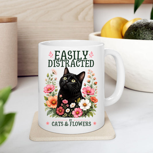 Printify Mug 11oz Easily Distracted Cats & Flowers Ceramic Mug