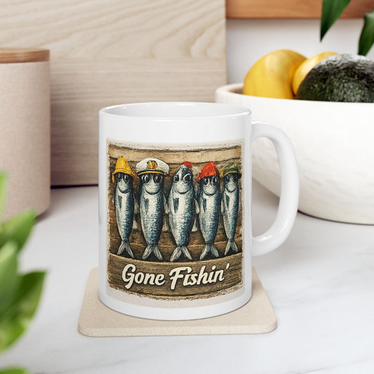 Printify Mug 11oz Fishing Mug – Retro Fishermen Sardine Design Ceramic Coffee Cup 11oz