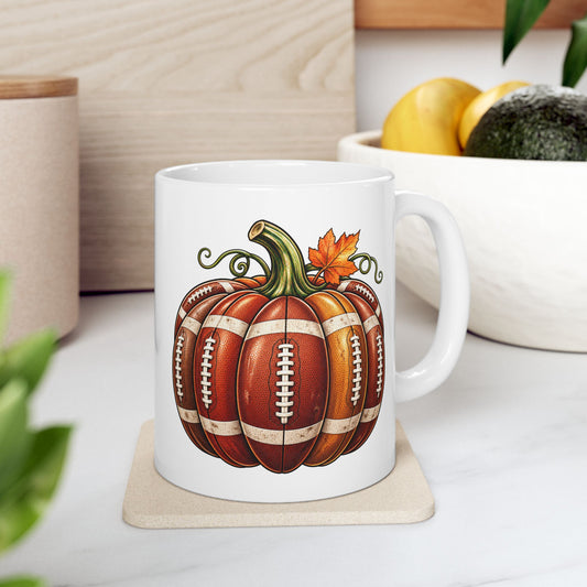 Printify Mug 11oz Football Pumpkin Ceramic Mug — Fall Tailgate Coffee Cup (11oz)