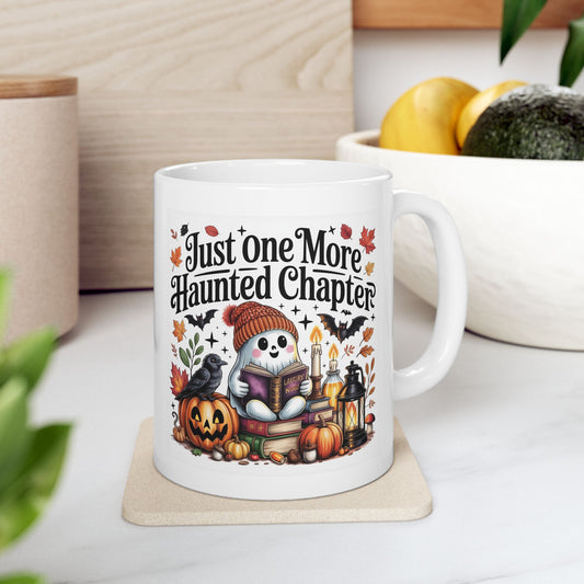 Printify Mug 11oz Halloween Ceramic Mug - "Just Here for the Haunting" Pumpkin & Raven Coffee Cup (11oz/15oz)