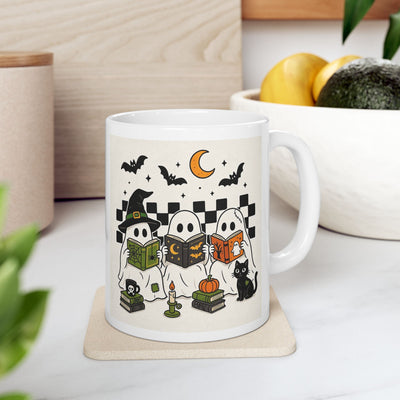 Halloween Ghost Reading Mug — Cute Witch Hat Ghost with Books & Black Cat (11oz)