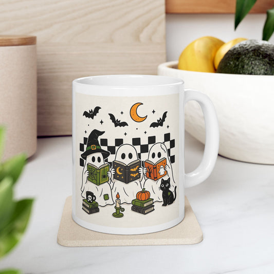 Printify Mug 11oz Halloween Ghost Reading Mug — Cute Witch Hat Ghost with Books & Black Cat (11oz)