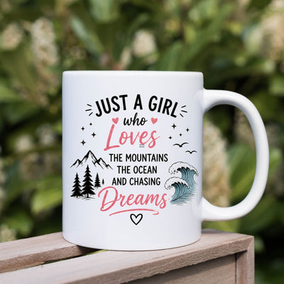 Just a Girl Who Loves the Mountains & Ocean Ceramic Mug,