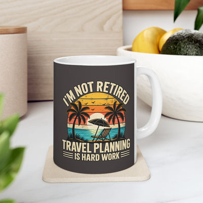 Retired and Traveling Coffee Mug — Retro Sunset Palm Beach Travel Gift (11oz)