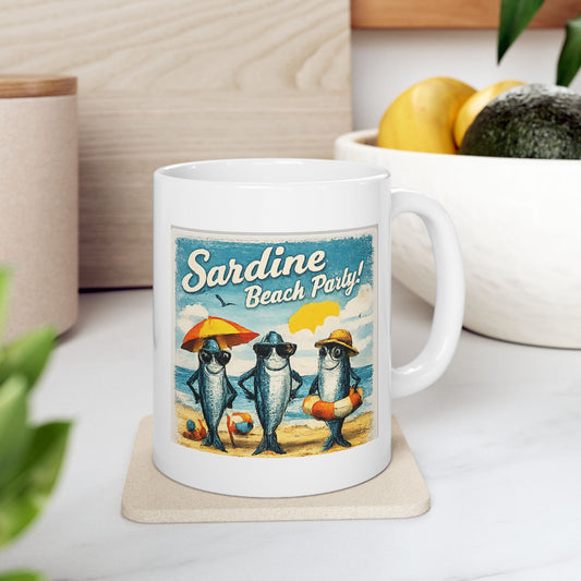 Printify Mug 11oz sardines  Beach Mug – Cute sardines  with surfs  Ceramic Coffee Cup (11oz)