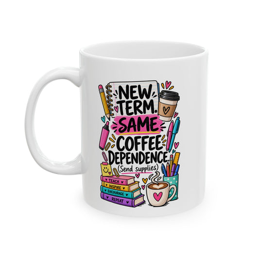 Printify Mug 11oz Teacher Appreciation Ceramic Mug — Cute School Supplies Stack with 'Best Teacher Ever' Design (11oz, 15oz)