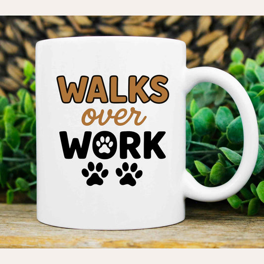 Printify Mug 11oz walks over workDog Mug – Humorous Coffee Cup Gift for Dog Lovers, Cute Animal Quote Ceramic Mug, Retro Style Tea Cup for Men & Women
