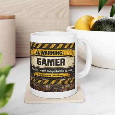 Warning Gamer Mug – Retro Industrial Coffee Cup for Gamers