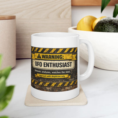 Warning: UFO Enthusiast Ceramic Mug — Funny Alien Believer Coffee Cup (11oz)