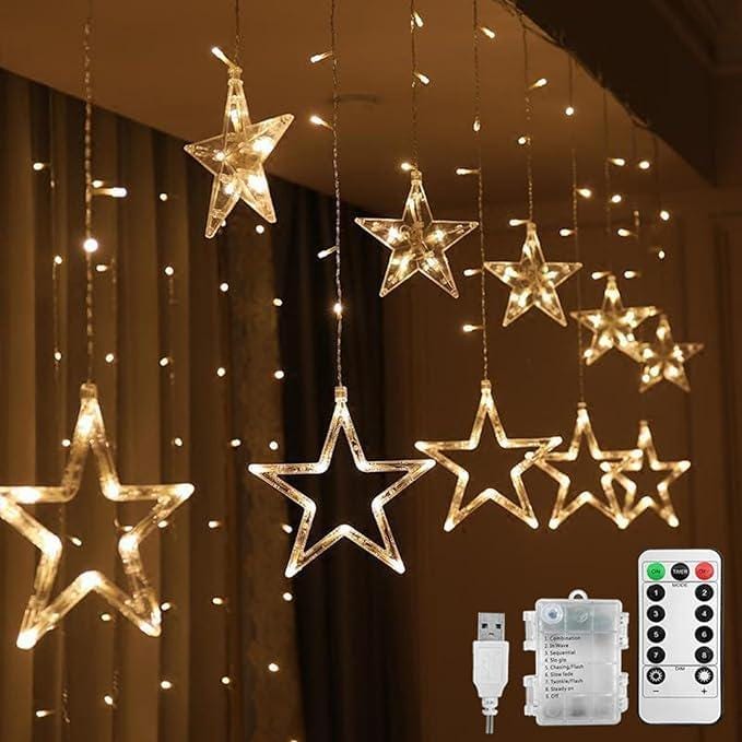 Williamsmugstore Christmas LED Stars Curtain Lights,12 Stars 138 LED Curtain String Lights Memory Window Lights with 8 Modes  Christmas, Party,Patio Garden