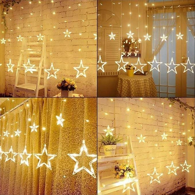 Williamsmugstore Christmas LED Stars Curtain Lights,12 Stars 138 LED Curtain String Lights Memory Window Lights with 8 Modes  Christmas, Party,Patio Garden