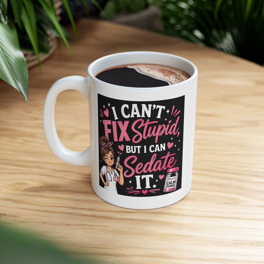Williamsmugstore Mug 11oz Nurse Fixer Ceramic Mug — "I Cant Fix stupid but i can sedate it 11oz Coffee Cup