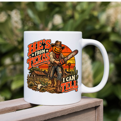 He's From Texas I Can Tell Halloween Horror Mug – Pumpkin Head Cowboy mug