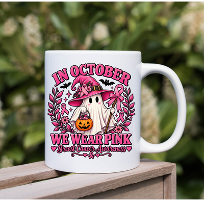 In October We Wear Pink Mug – Breast Cancer Awareness Halloween Ghost