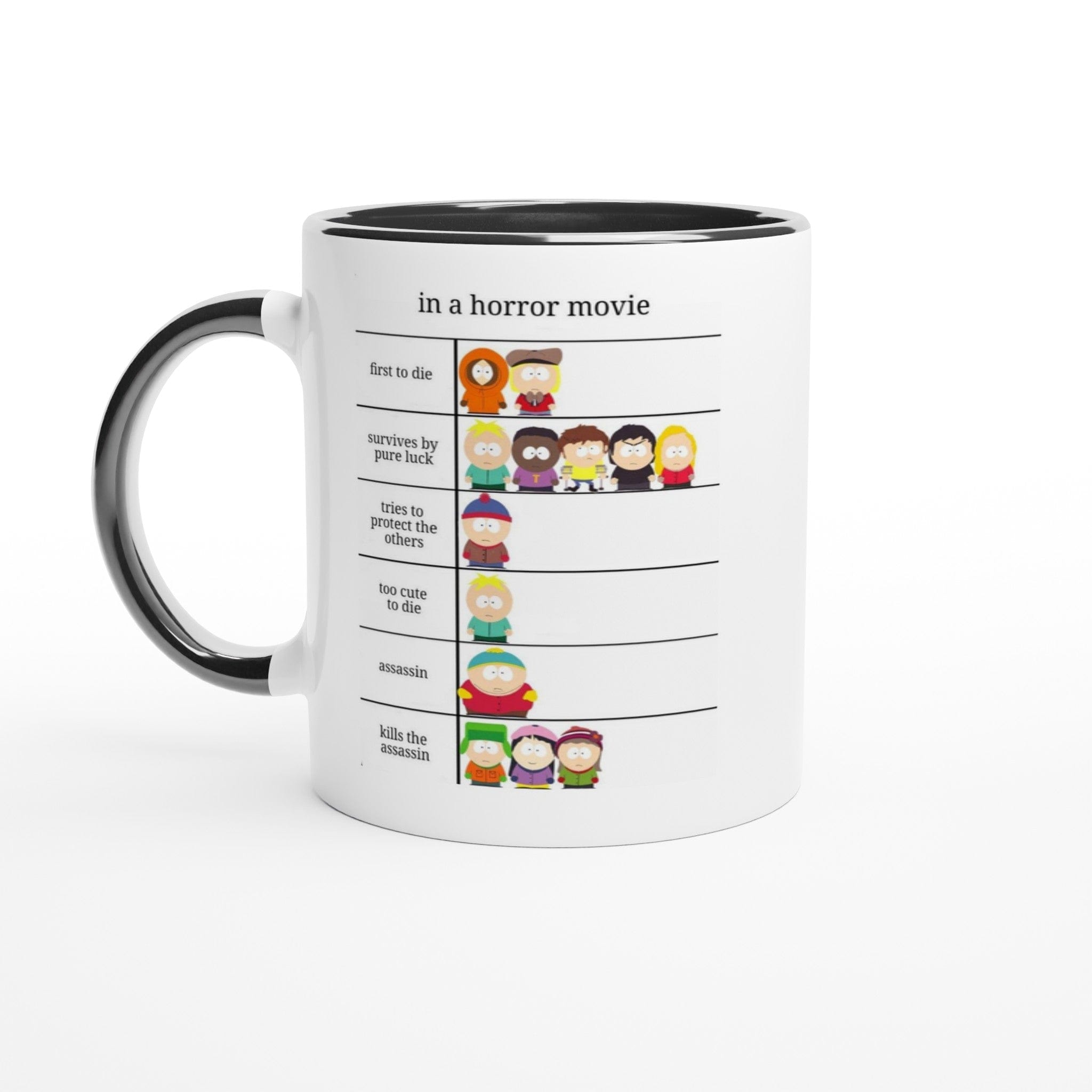Williamsmugstore Print Material southpark  -in a horror movie ,handmade southpark mug,southpark gifts,cartman mug,90s cartoon mug,southpark cup gift - White 11oz Ceramic Mug with Color Inside