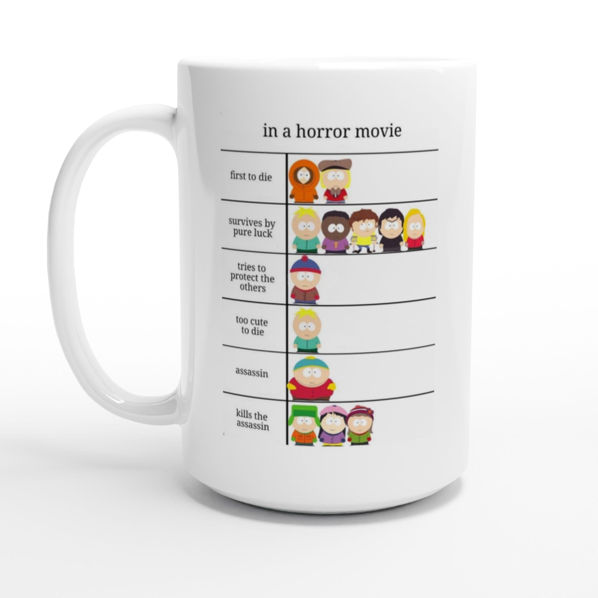 Williamsmugstore Print Material southpark  -in a horror movie mug ,handmade southpark mug gift , - White 15oz Ceramic Mug