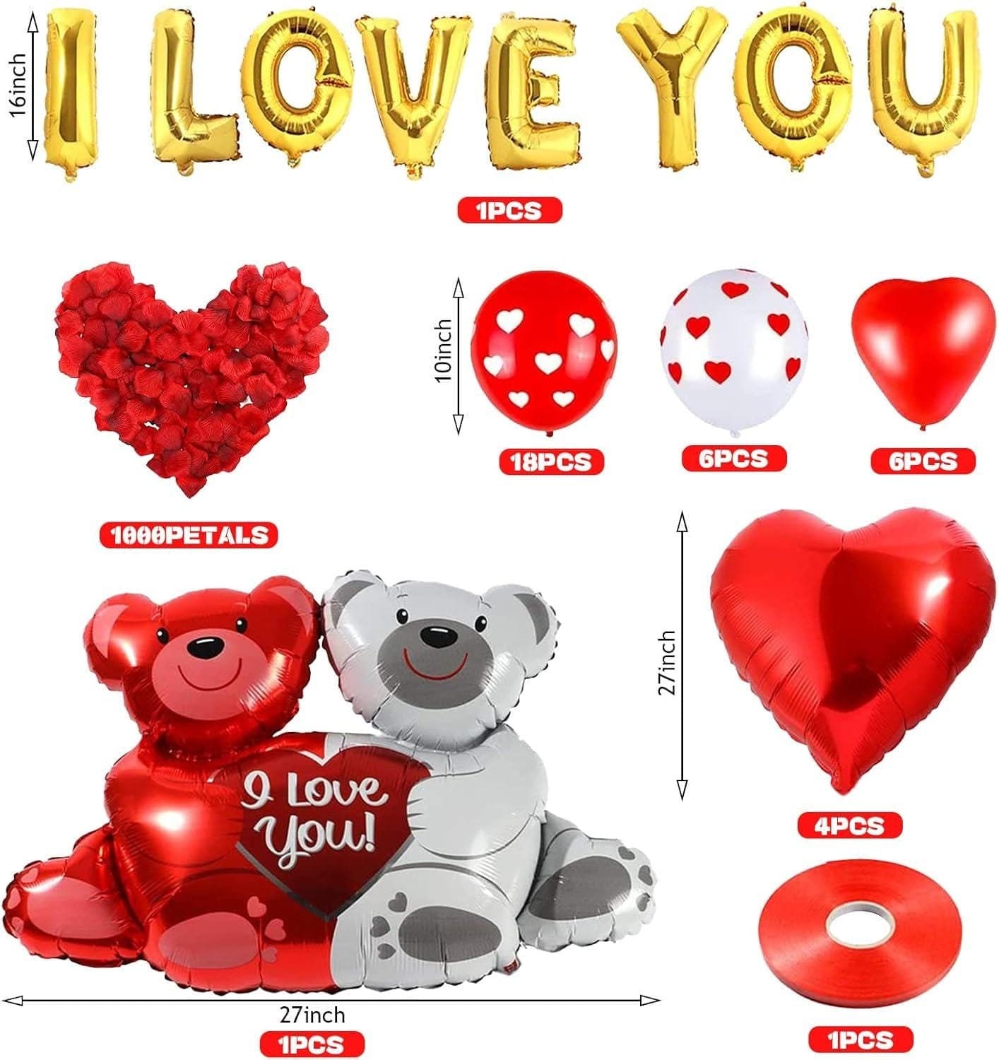 Williamsmugstore Valentine&#39;s Day Balloon Decorations,Heart Balloons with 1000PCS Rose Petals Love Heart Foil Balloon Decoration Love-Bear for Engagement