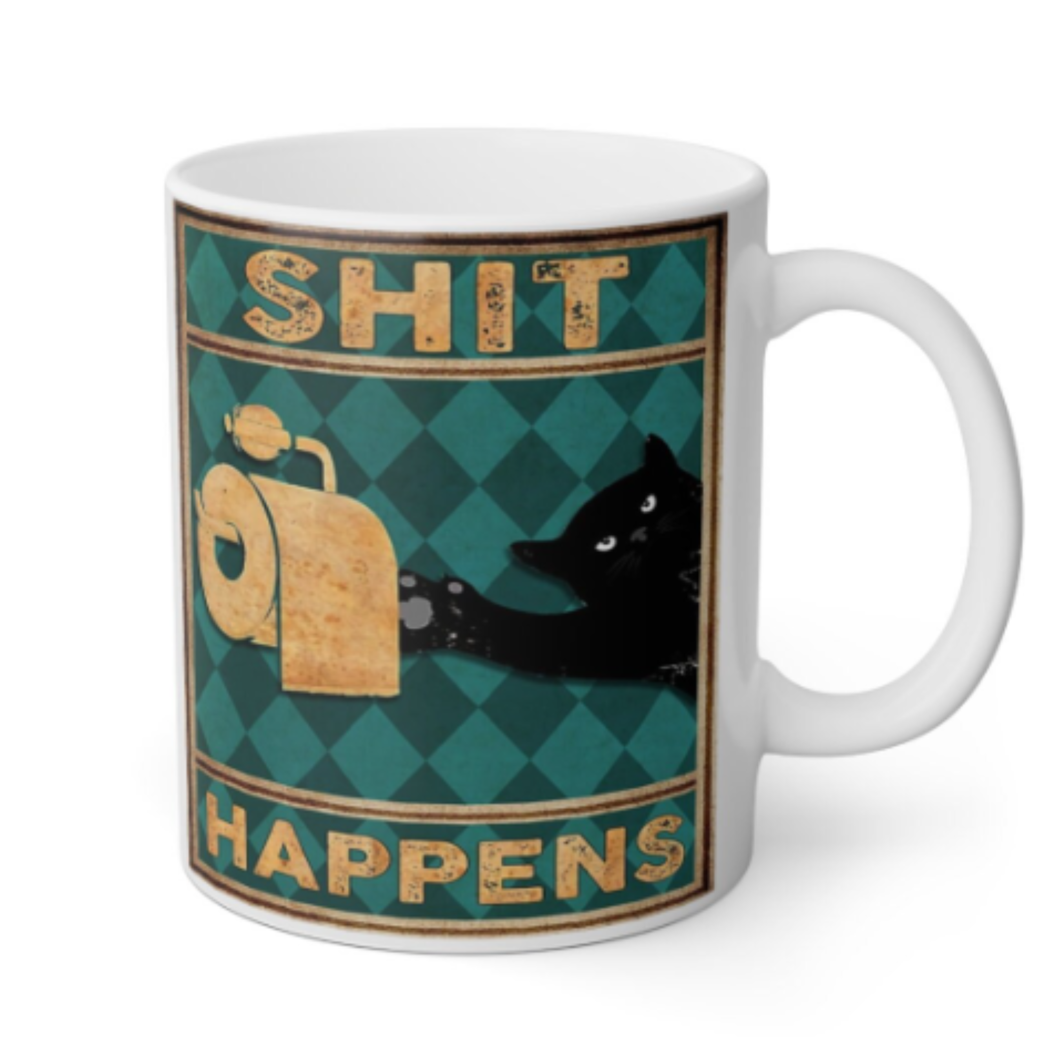 black cat coffee mug  shit happens
