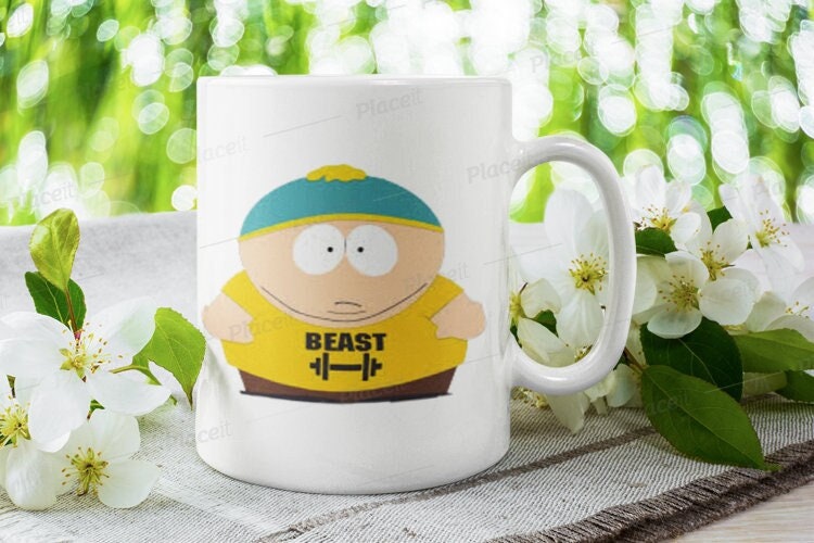 southpark  cartman wearing  beast t shirt  ,90s animated cartoon ,southpark mug gift,11oz coffee mug, southpark cup