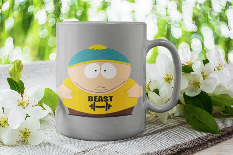 southpark  cartman wearing  beast t shirt  ,90s animated cartoon ,southpark mug gift,11oz coffee mug, southpark cup