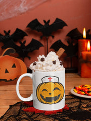 scary nurse pumpkin face -halloween pumpkin mug ,halloween pumpkin nurse   ceramic pumpkin mug  ,halloween gift