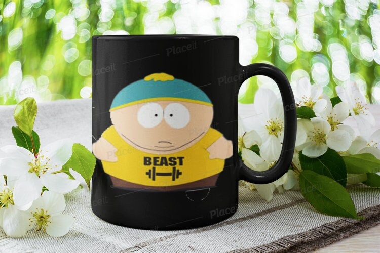 southpark  cartman wearing  beast t shirt  ,90s animated cartoon ,southpark mug gift,11oz coffee mug, southpark cup